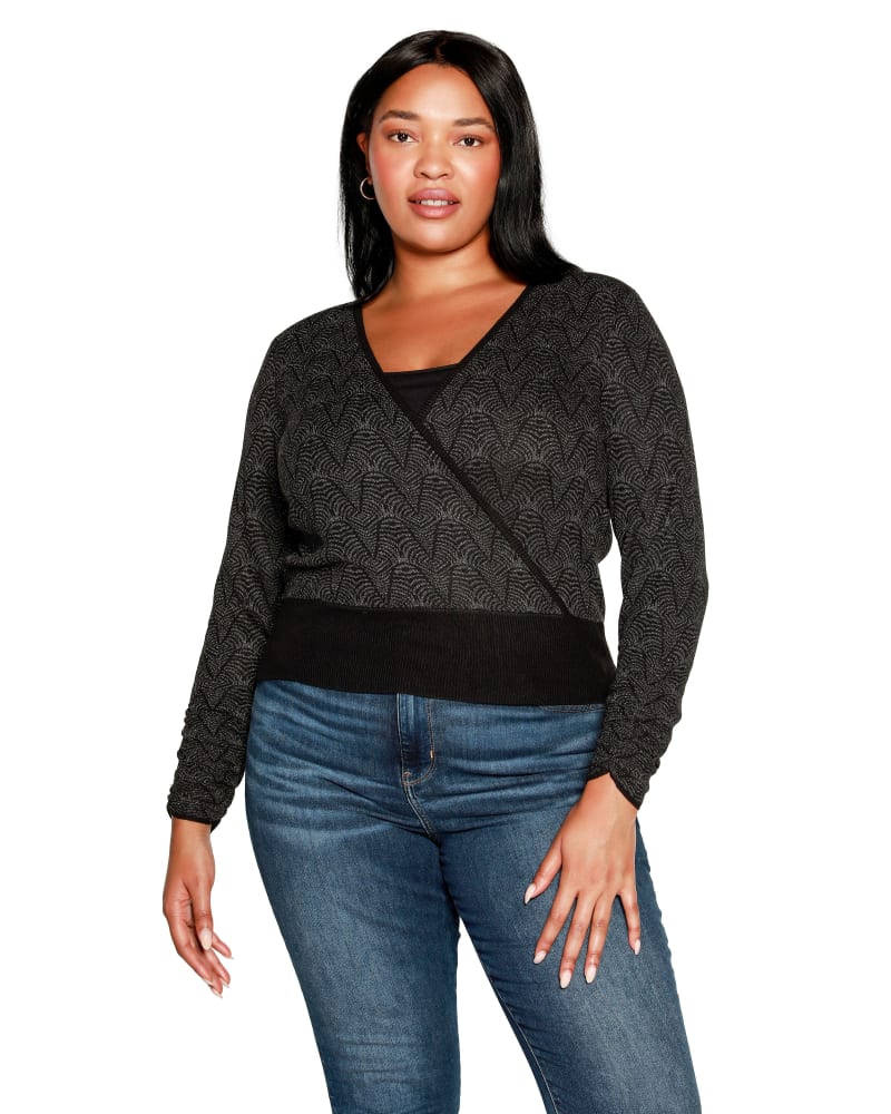 Front of a model wearing a size 1X Plus Size Lurex Wrap Sweater in Black Pewter Combo by Belldini. | dia_product_style_image_id:319366